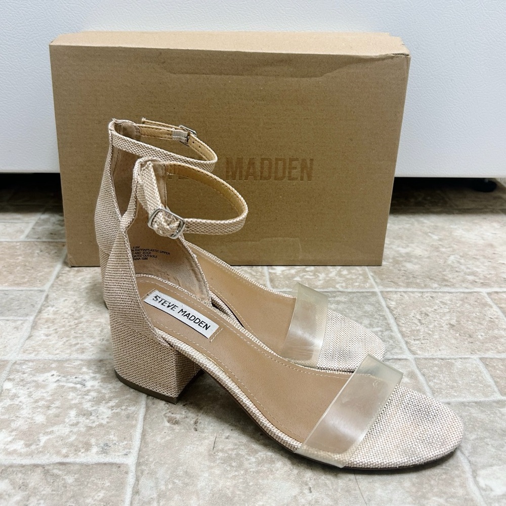 Steve Madden Irenee Heel Sandals | Clear Strap + Raffia Fabric 🤎